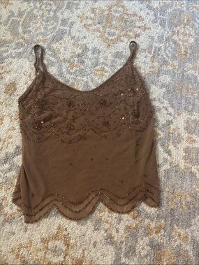 Aritzia Embellished Brown Spaghetti Strap Tank Top